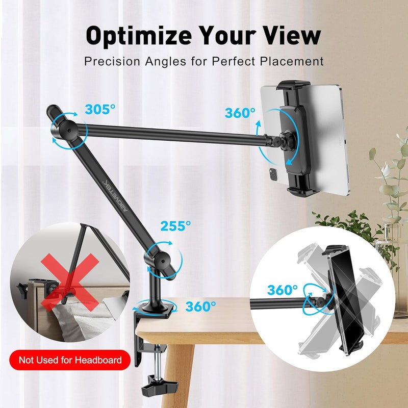 AboveTEK Tablet Stand Holder for Desk & Bed, Aluminum iPad Holder Arm with 360° Rotating Clamp, Adjustable Phone Stand Compatible with 4.7"-13.5" iPad Pro/Air/Mini, iPhone, Galaxy Tab- Black - Image 4